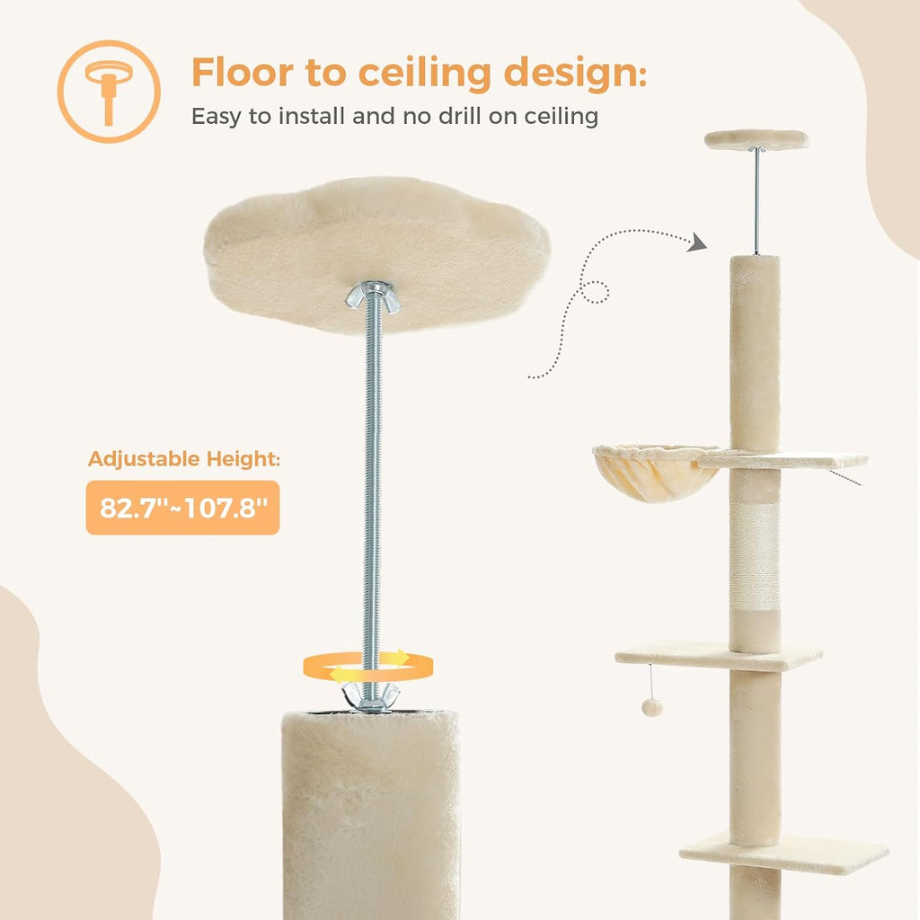Floor to Ceiling Cat Tree, Adjustable 83-108in 5-Level Tower, Beige