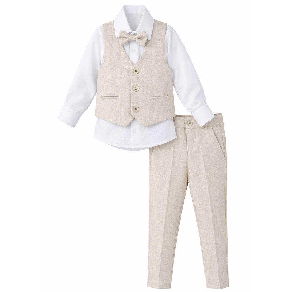 Boys Formal Suit 4 Piece Vest, Pants and Tie Dresswear Suit Set (, Beige)