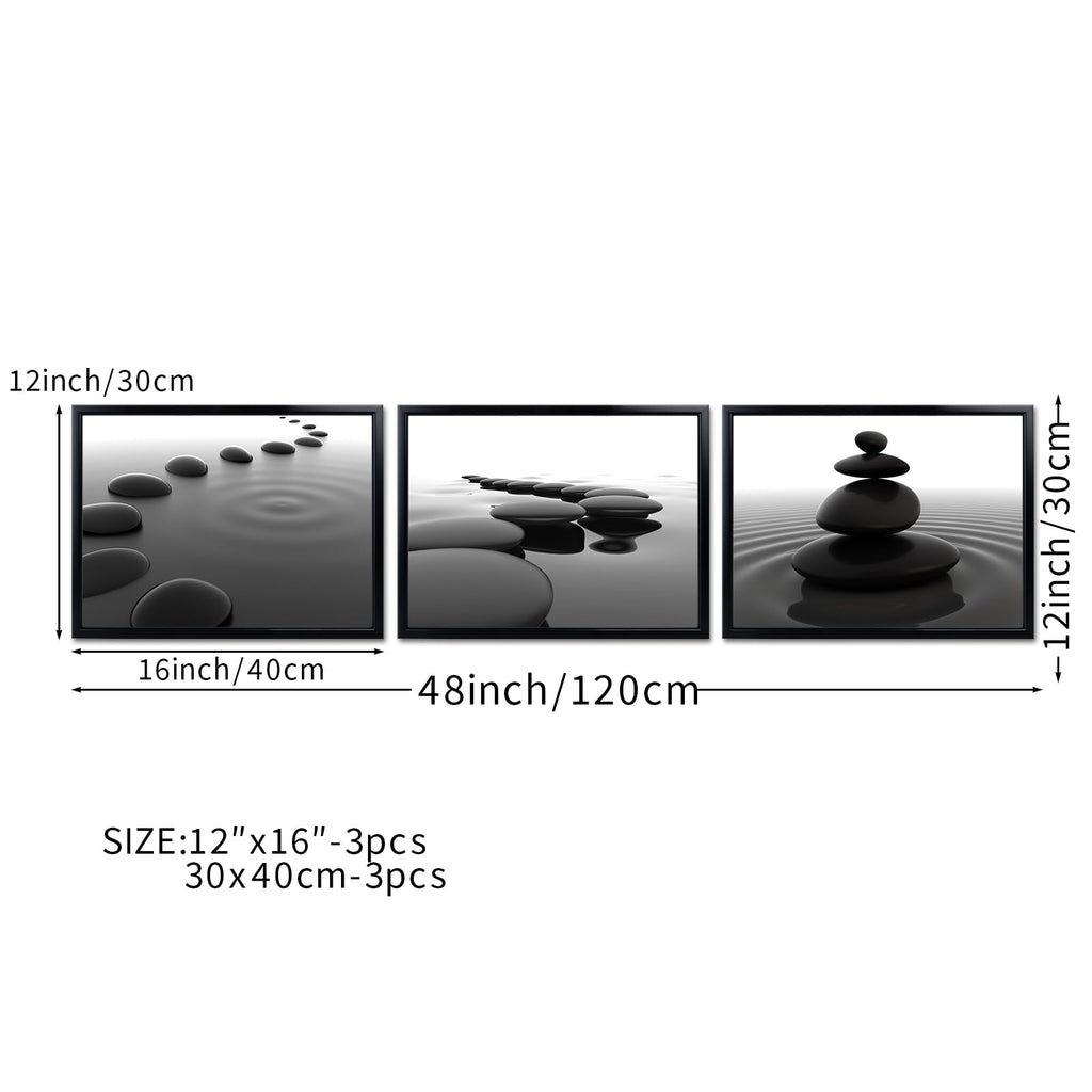 3pcs Black and White Zen Wall Art Stones in Water Canvas Prints with Black Frame Yoga Meditation Spa Living Room
