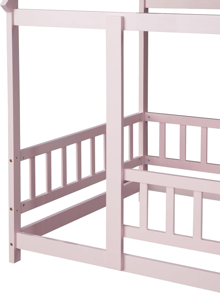 Montessori Floor Bed, White Wooden Canopy Bed, Pink