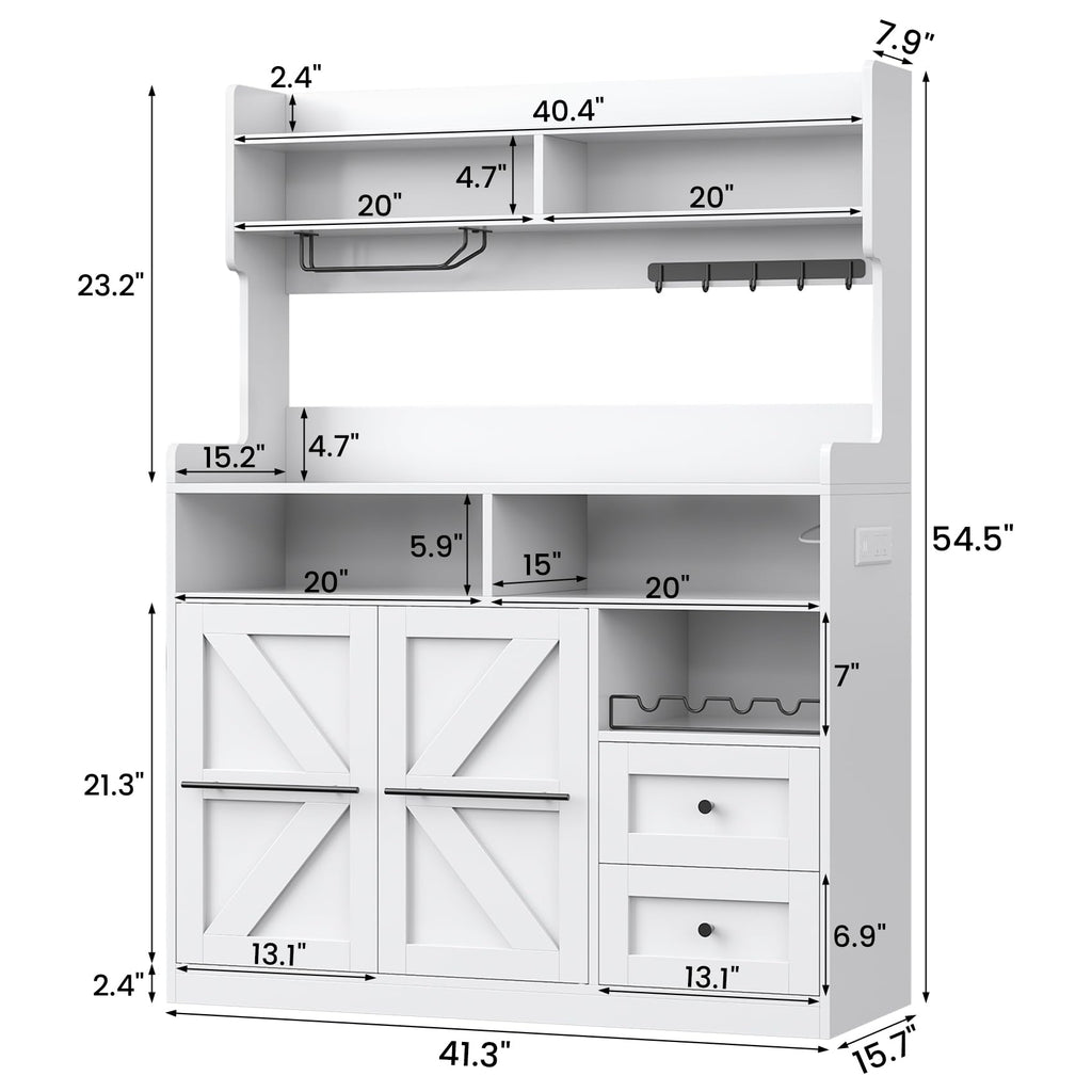 Hutch Storage Buffet Cabinet with Drawers, and Charging Station, Coffee Bar Cabinet with Barn Doors, Wine Rack and