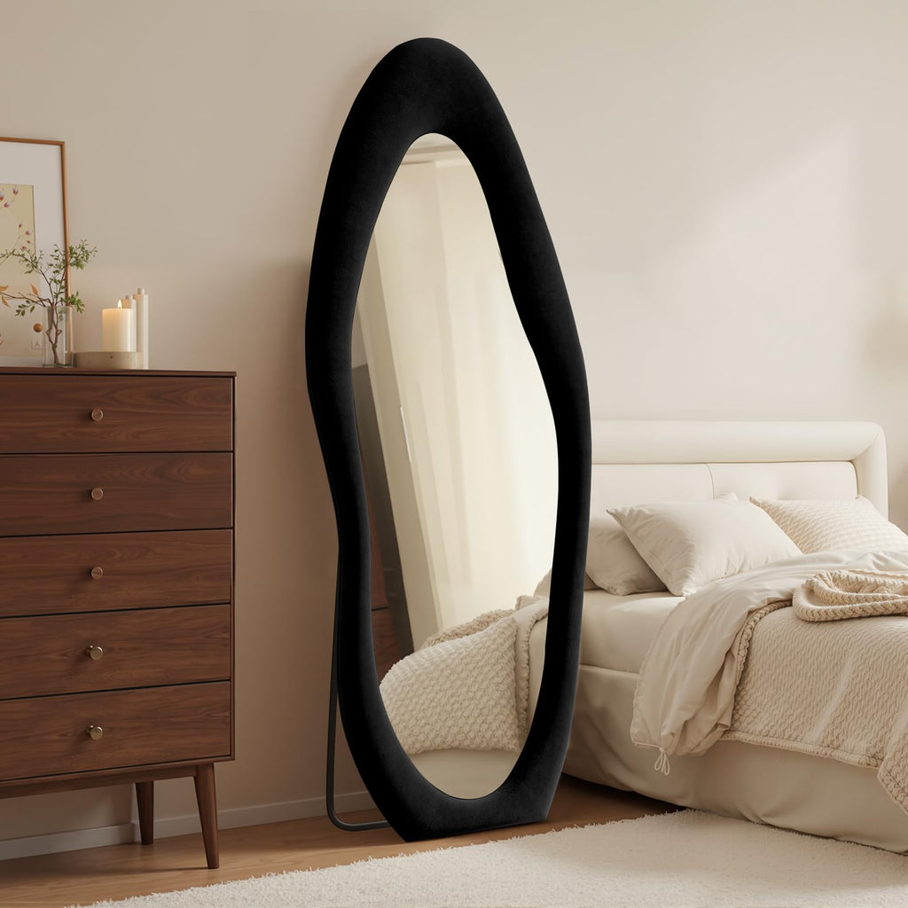 Full Length Mirror 63"x24" Irregular Full Body Wall Mounted Floor Mirror with Stand Black Flannel Wrapped Frame