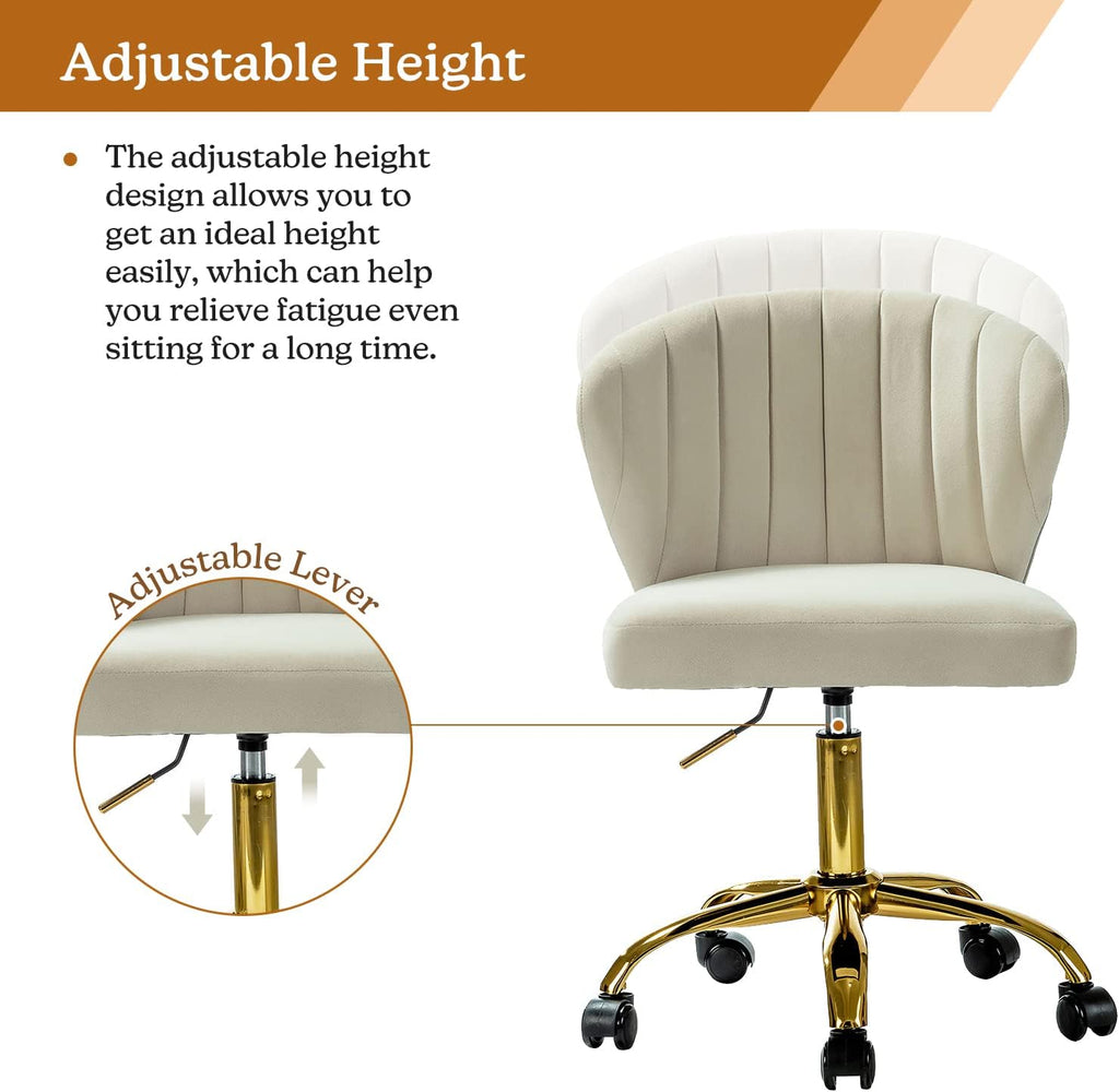Office Desk Chairs with Wheels & Gold Base, Modern Velvet Cute Armless, Adjustable Low Back Swivel Rolling Chair