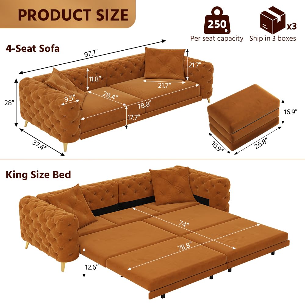 97.7" King Size Sleeper Sofa Bed, 3-in-1 Convertible Pull Out Chesterfield Sleeper Couch with Ottoman, Oversized