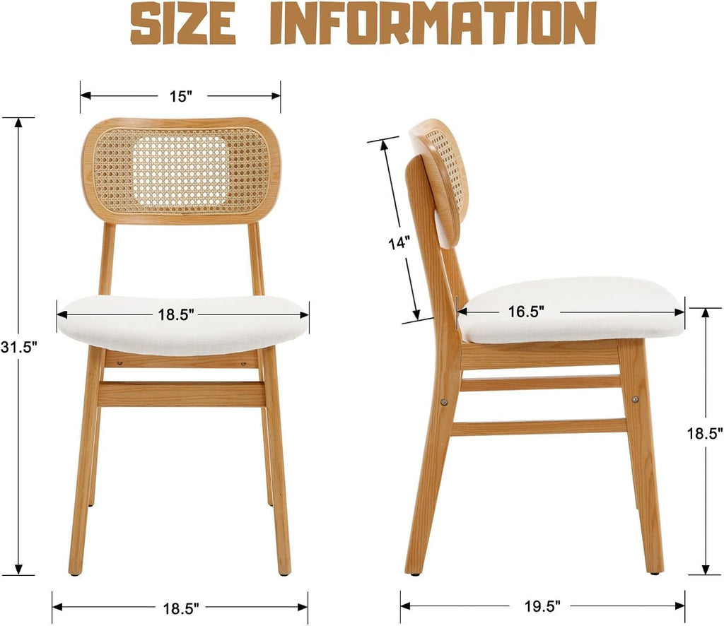 Rattan Dining Chairs Set of 4 Beige Linen Fabric Dining Room Chairs Natural Wooden Kitchen Chairs Farmhouse Boho