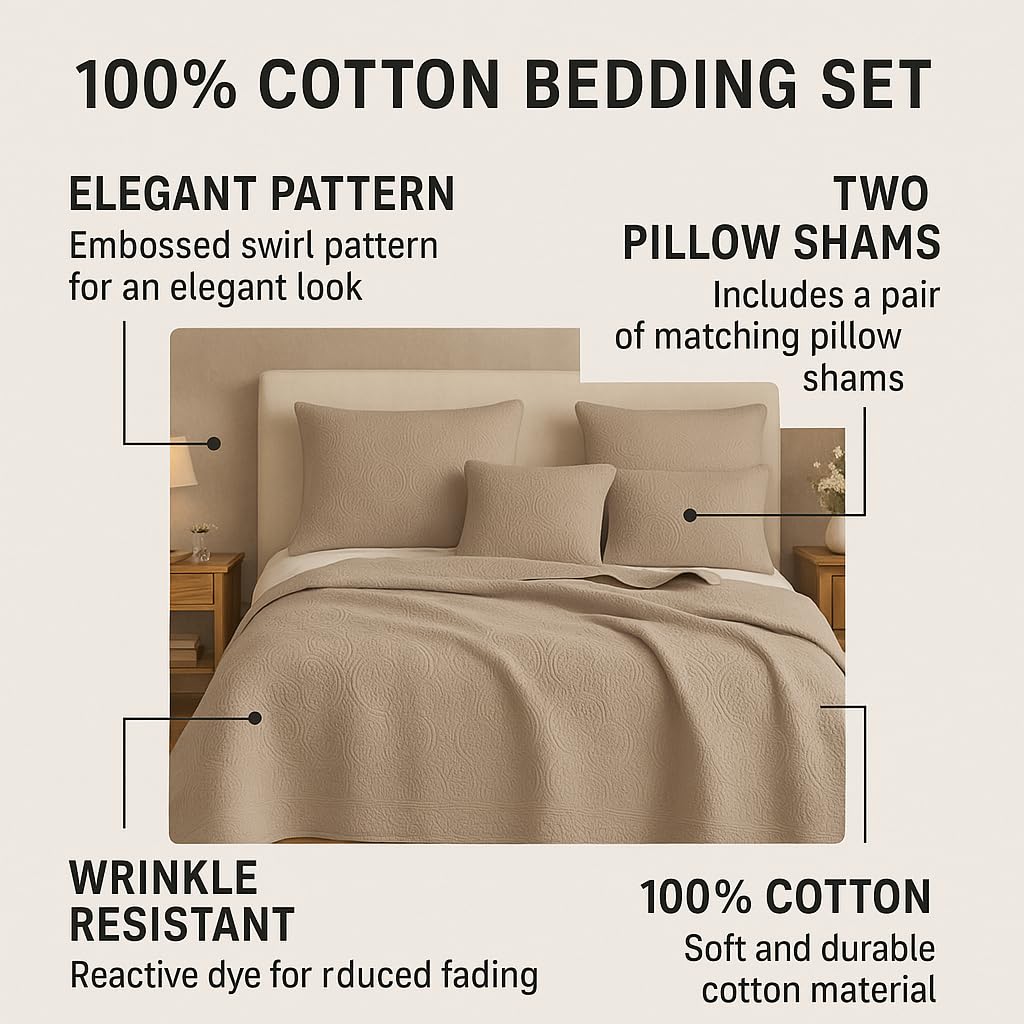 Matelasse Coverlet Set, Taupe Brown, 3-Piece