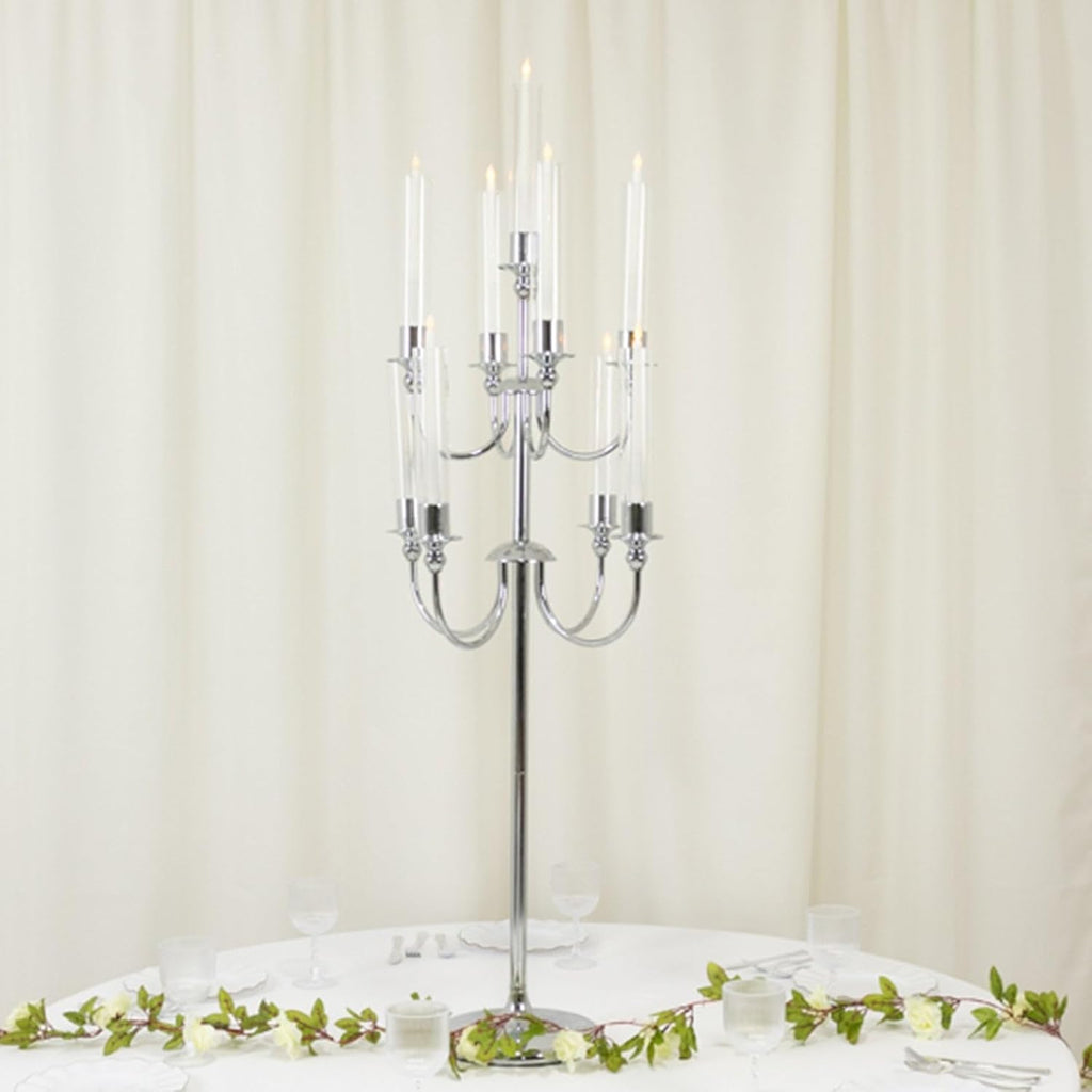 9-Arm Silver Metal Floor Candelabra Candle Holder, Vintage Classic Taper Candlestick Stand for Wedding, Party and