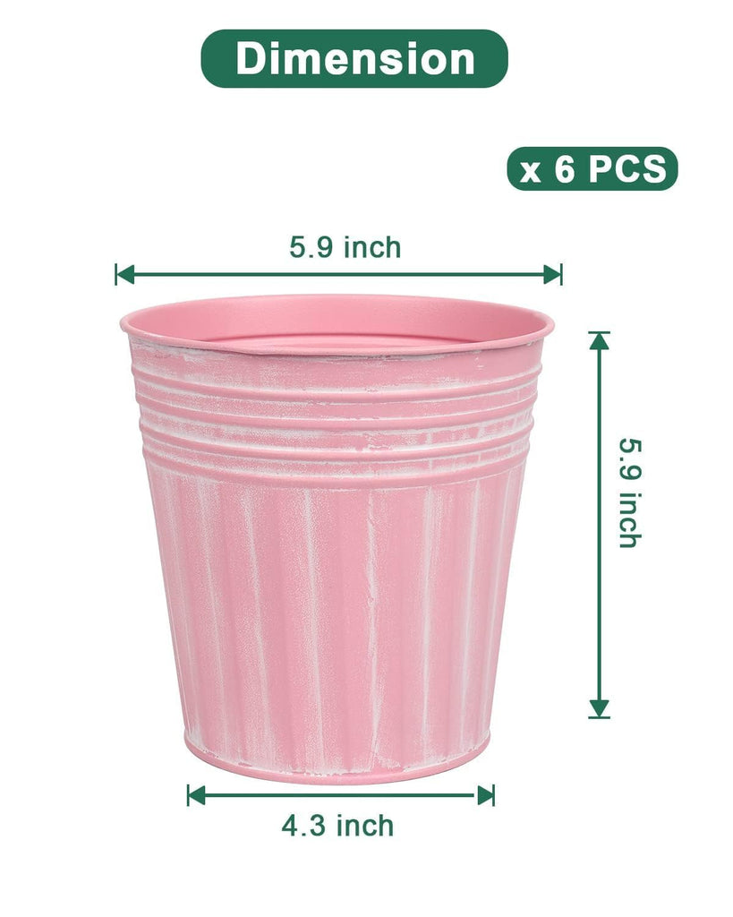 6 Inch Pink Metal Rustic Flower Pots - 6Pcs Medium Galvanized Planters with Drainage Hole and Rubber Plug, Rustproof