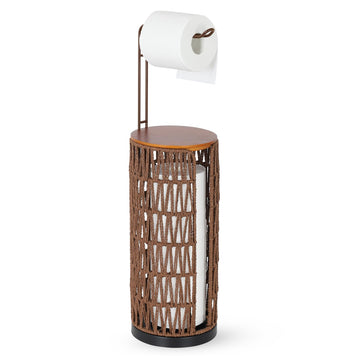 Freestanding Toilet Paper Holder with Storage, 3 Rolls of Rattan Tissue Holder, Woven Toilet Paper Roll Holder