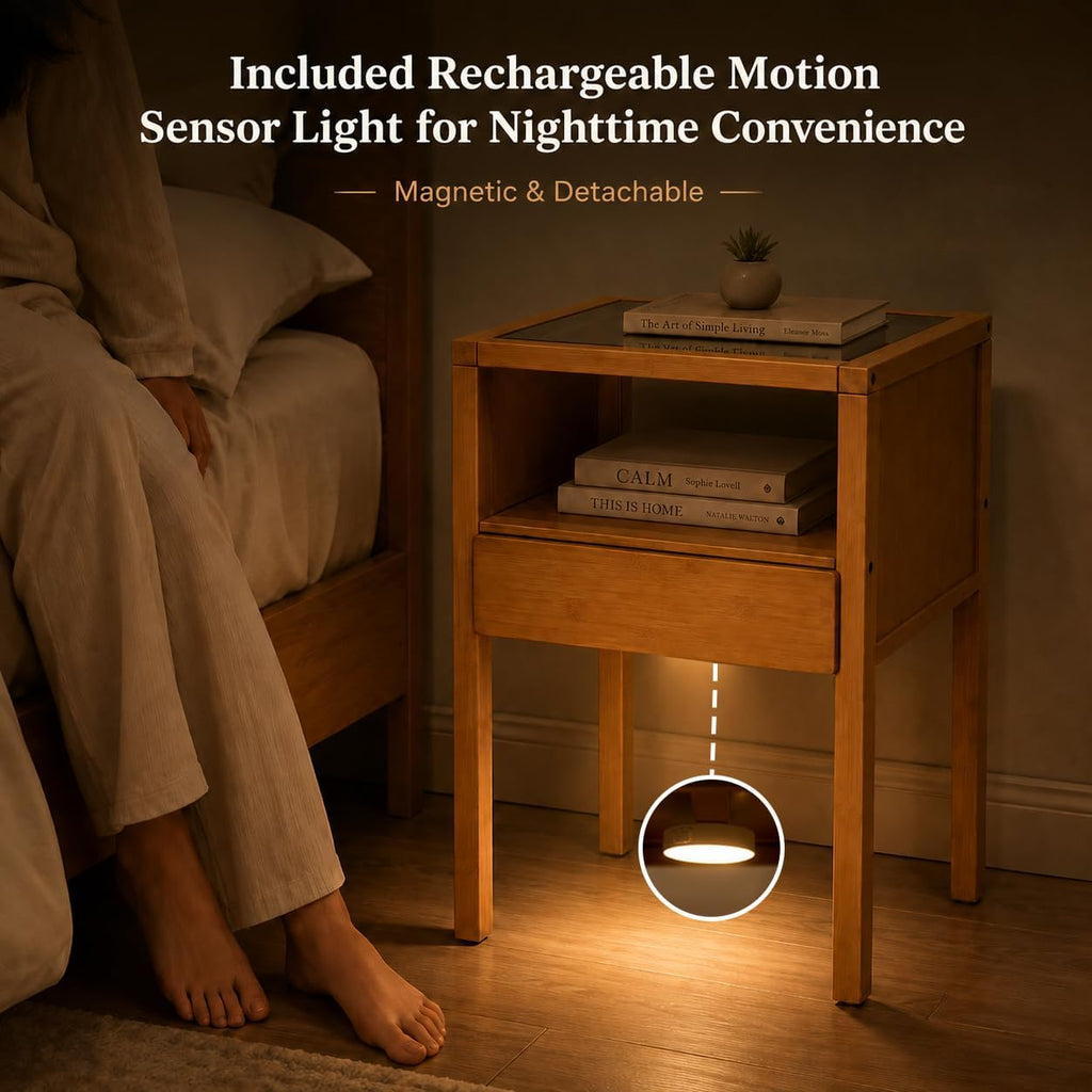 Bamboo Nightstand with Tempered Glass Top and Drawer, Small Bedside Table with Open Shelf Storage, Natural