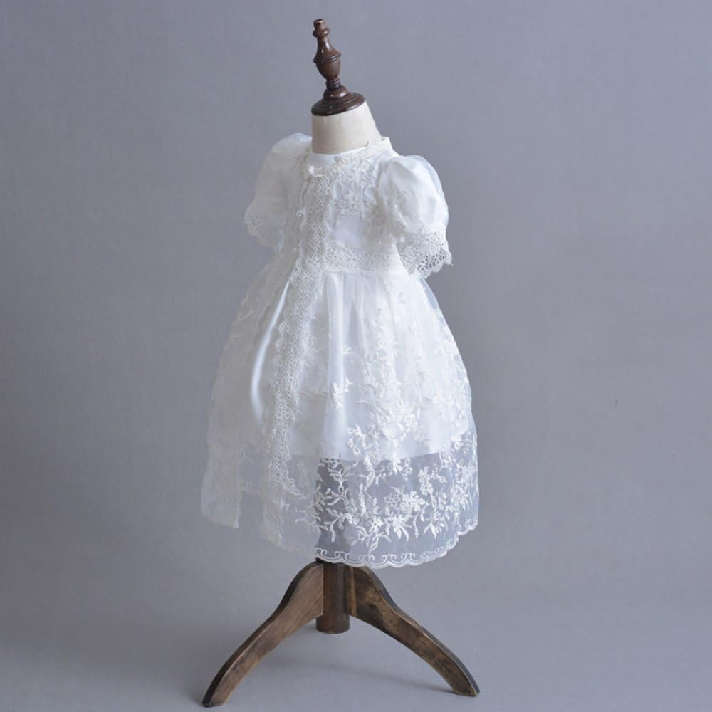 Baby Girls 3Pcs Organza Lace-Overlay Christening Gown Baptism Dress with Bonnet