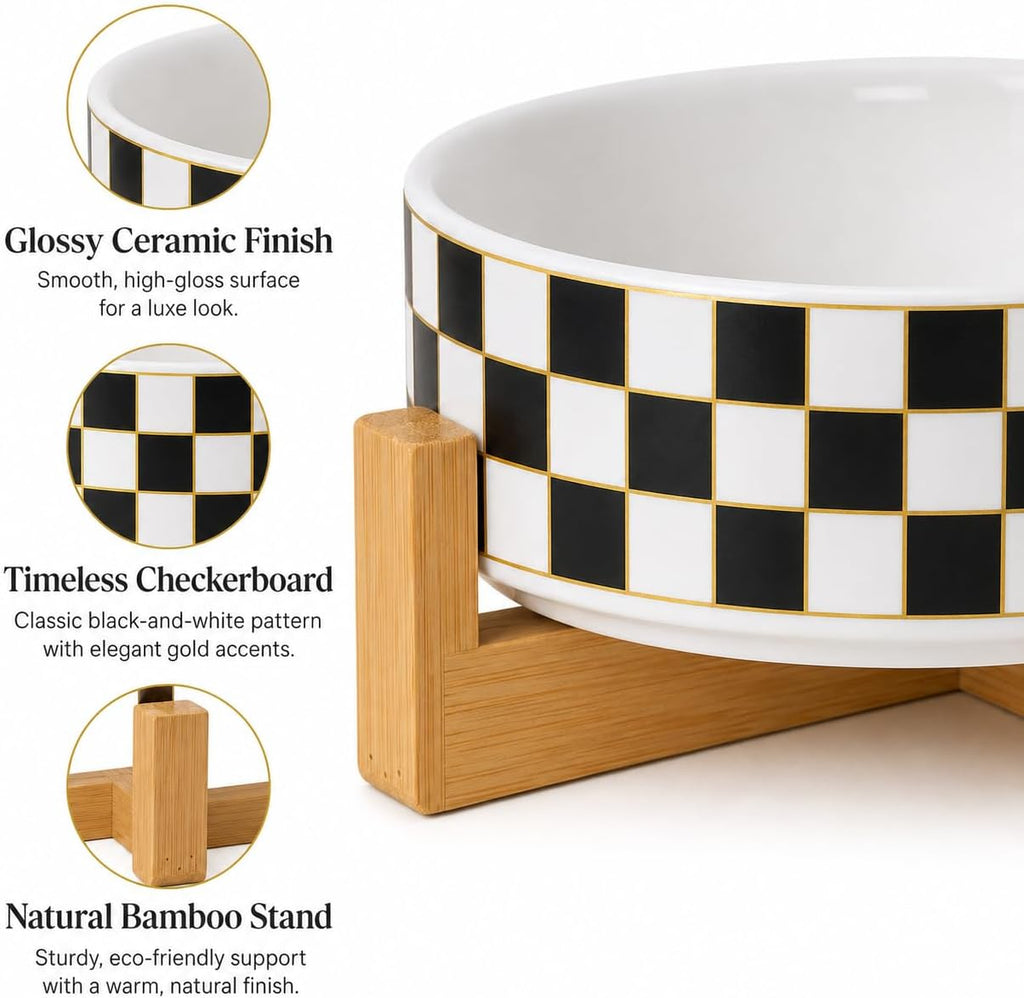 Checkered Ceramic Dog Bowl with Wood Stand, Black and White Dog Food and Water Bowl Set, Elevated Puppy Food Bowls