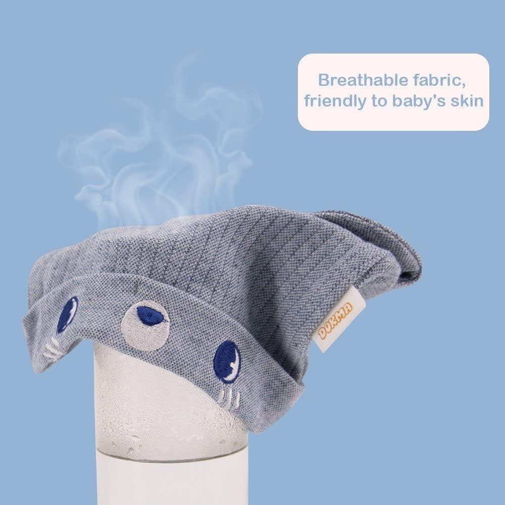 Organic Cotton Toddler Hat Set 3 Cute Animal Ears Design, Beanies for Baby Boys and Girls 0-6 Months Light Gray & Blue