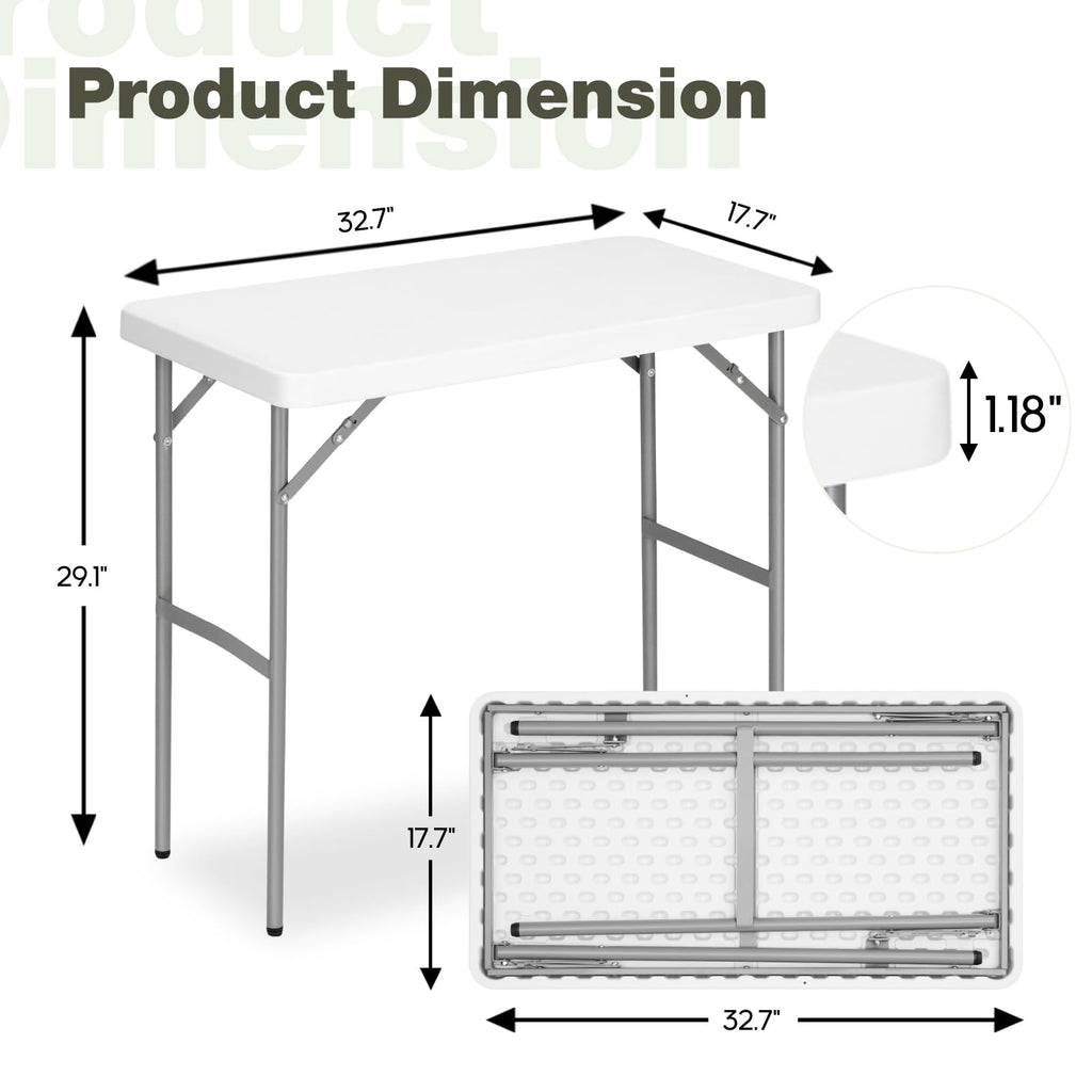 2.7ft Rectangular Folding Table for All-Occasion, Foldable Table with HDPE Tabletop and Steel Legs, Durable and