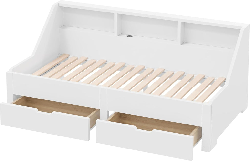 Wood Twin to King Daybed, Twin Size Day Bed with Pop Up Trundle & Storage Drawers, Modern Corner Bed Frame with