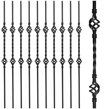 10 Pack 44" Iron Double Basket Balusters for Staircase Interior, 1/2" Hollow Stair Balusters, Matte Black Metal