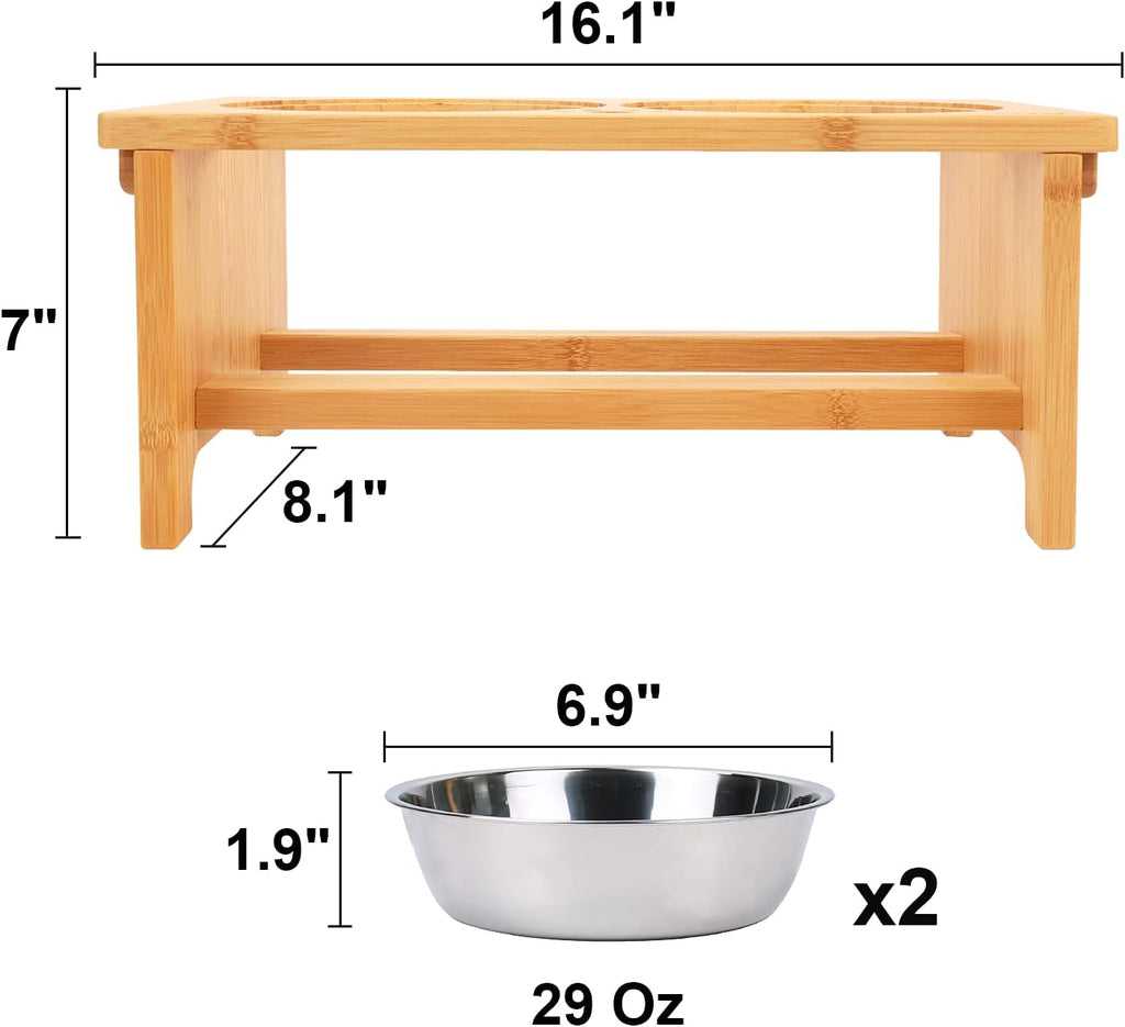 Elevated Dog Bowl Stand with 2 Stainless Steel Bowls-7" H Medium Bamboo