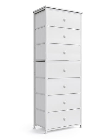 Tall Fabric, Vertical Storage Organizer Tower with 7 Drawers, Chest of Drawers with Bins, Steel Frame, Wood Top