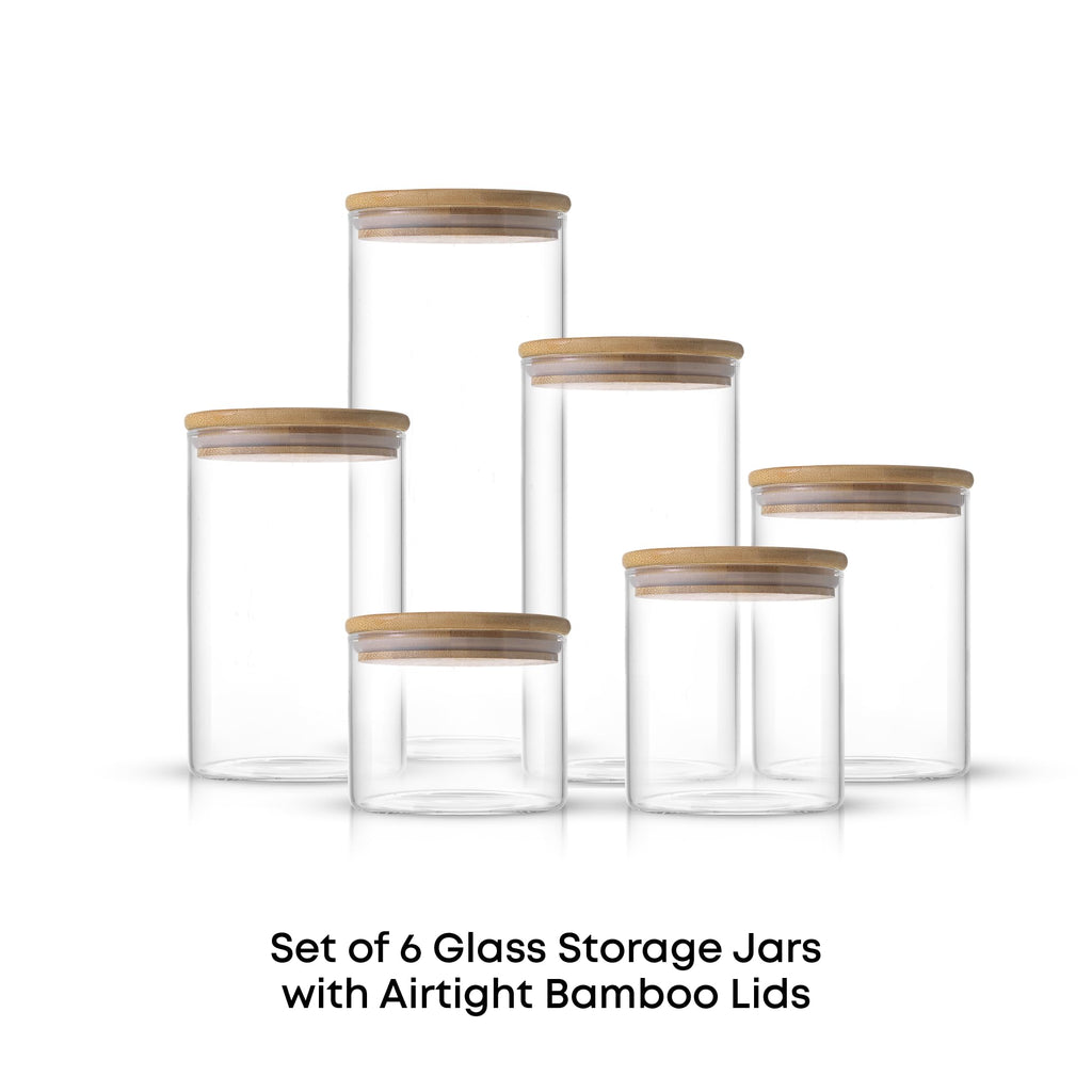 Borosilicate Glass Jars With Bamboo Lids. 6 Pc Set of Air Tight Sealable Containers. Food Jar Canisters with Airtight