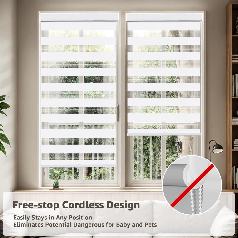 Cordless Zebra Blinds for Window, French Door Blinds Free-Stop Roller Window Shades with Valance 54" W x 64" H, Light