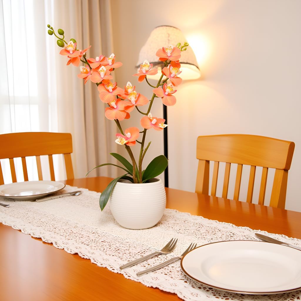 Orange Artificial Orchid Flower Potted in White Pot for Fall Decor - Set of 2