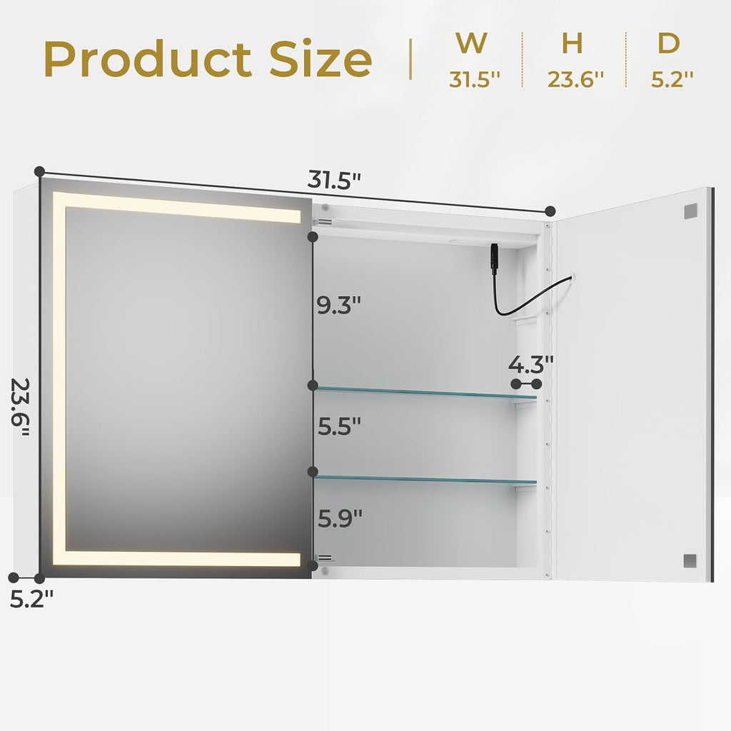 Lighted Medicine Cabinet with Mirror, Wall Mounted Bathroom Mirror with Storage, 2 Doors Bathroom Wall Cabinet with