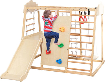 In-1 Wooden Indoor Jungle Gym for Toddlers, Montessori Climbing Playset with Slide, Swing, Climbing Net, Rings
