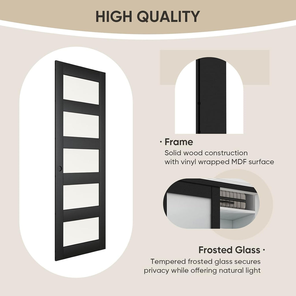 48" x 80" Sliding Closet Door, 5-Lite Frosted Glass Bypass Door with Hardware Kit & Matching Fascia,
