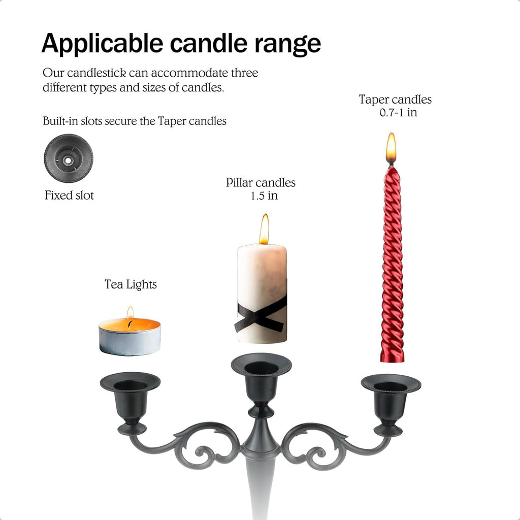 Metal Candle Holder，5 Arms Pure Black Candle Holders for Pillar Candles（10.6 inch Tall Candlestick Holders, for 1/2-1