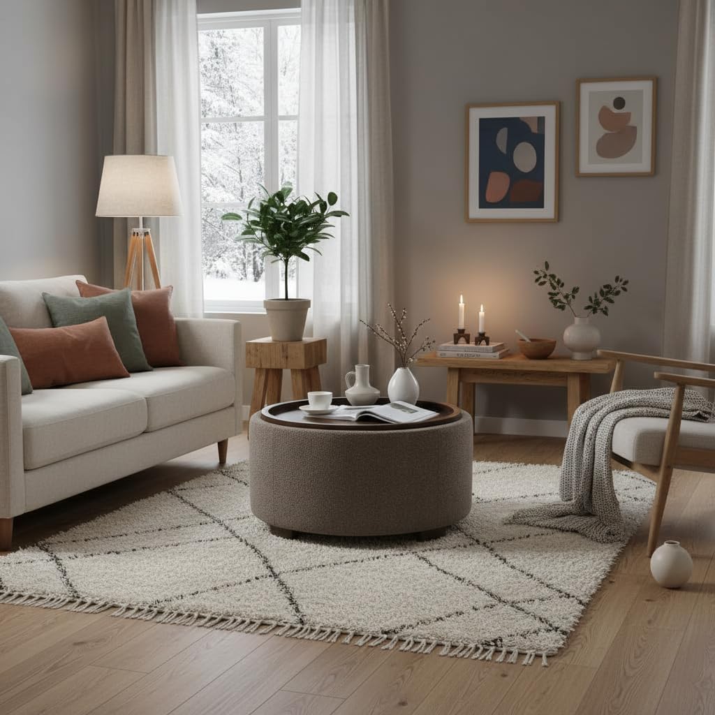 30 Inch Round Storage Ottoman, Ottoman Coffee Table with Lift Off Lid, Boucle Modern Ottomans with Storage s (Brown)