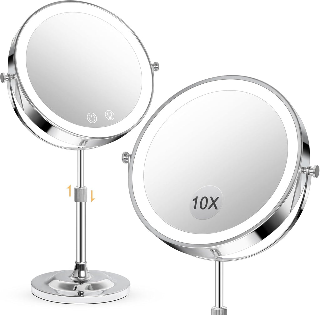 9" Makeup Mirror with Lights,5000mAh Rechargeable Vanity Mirror,1X/10X Double Sided Magnifying Mirror with Adjustable