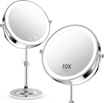 9" Makeup Mirror with Lights,5000mAh Rechargeable Vanity Mirror,1X/10X Double Sided Magnifying Mirror with Adjustable
