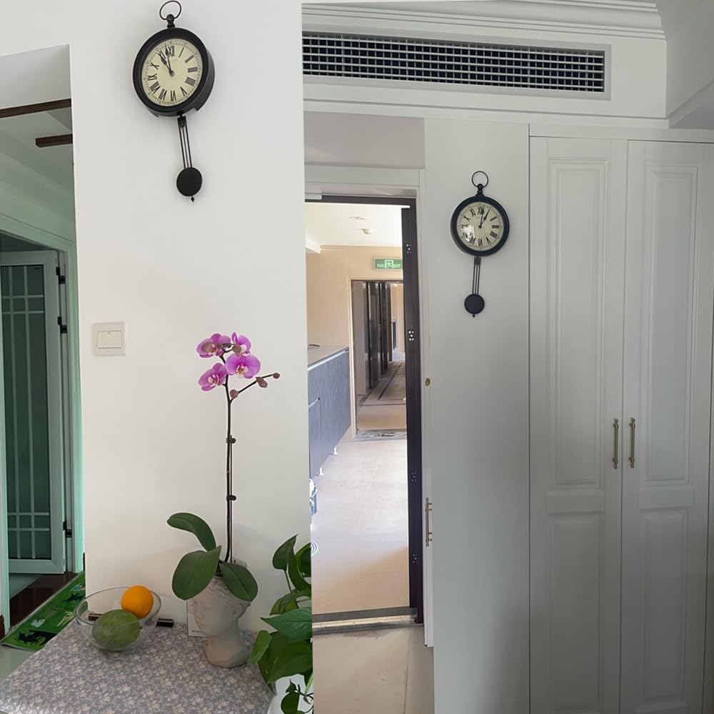 Vintage Wall Clock 8 inch Round, Black Wall Clocks with Pendulum Battery Operated, Kichen, Bathroom, Home Office Wall