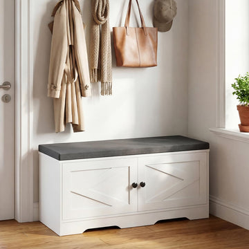 Shoe Storage Bench, 2 Tier Entryway Bench with Padded Seat Cushion, 2 Barn Doors, Adjustable Shelves, 39.37" Shoe