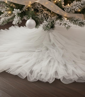 60 Inch Fluffy Tulle Christmas Tree Skirt, Elegant Vintage Design, Christmas Tree Decorations White