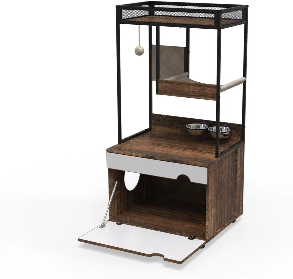 48" Tall Hidden Cat Litter Box Enclosure with Cat Tree Tower, Scratching Pads, and Ample Storage Space, Industrial