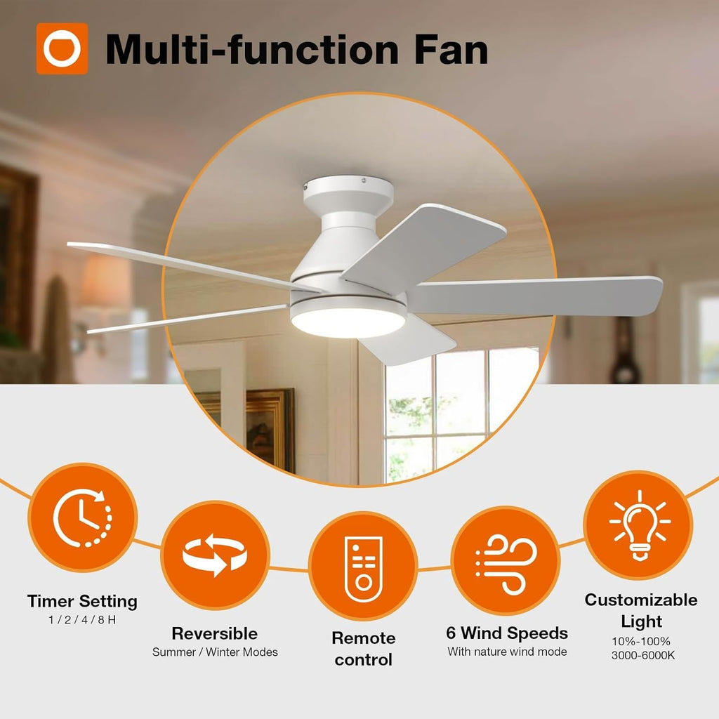 Ceiling Fans with Lights, 42 Inch Low Profile Ceiling Fan with Light And Remote Control, Flush Mount, Reversible, 3CCT, Dimmable, Quiet, White Small Ceiling Fan for Bedroom Indoor/Outdoor Use A103-B0CLNM7VLQ