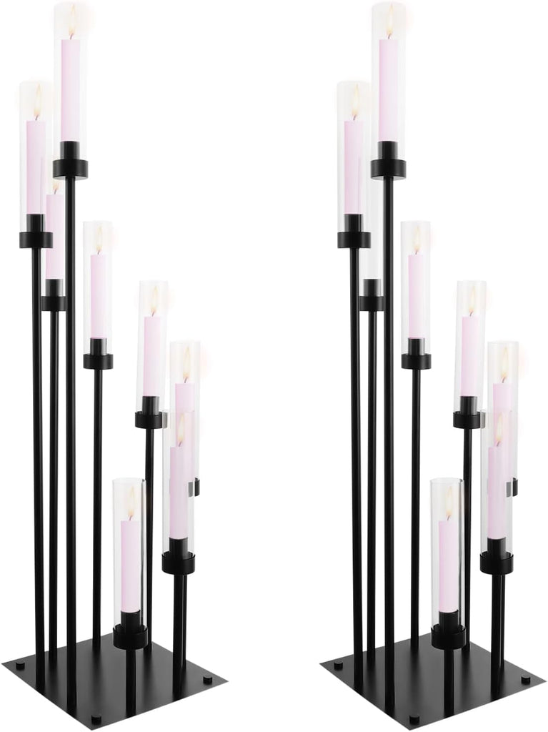 2 Pack Floor Candelabra Centerpieces 8 Arms Floor Candle Holder with Acrylic Shade Pillar, Metal Black Candelabra