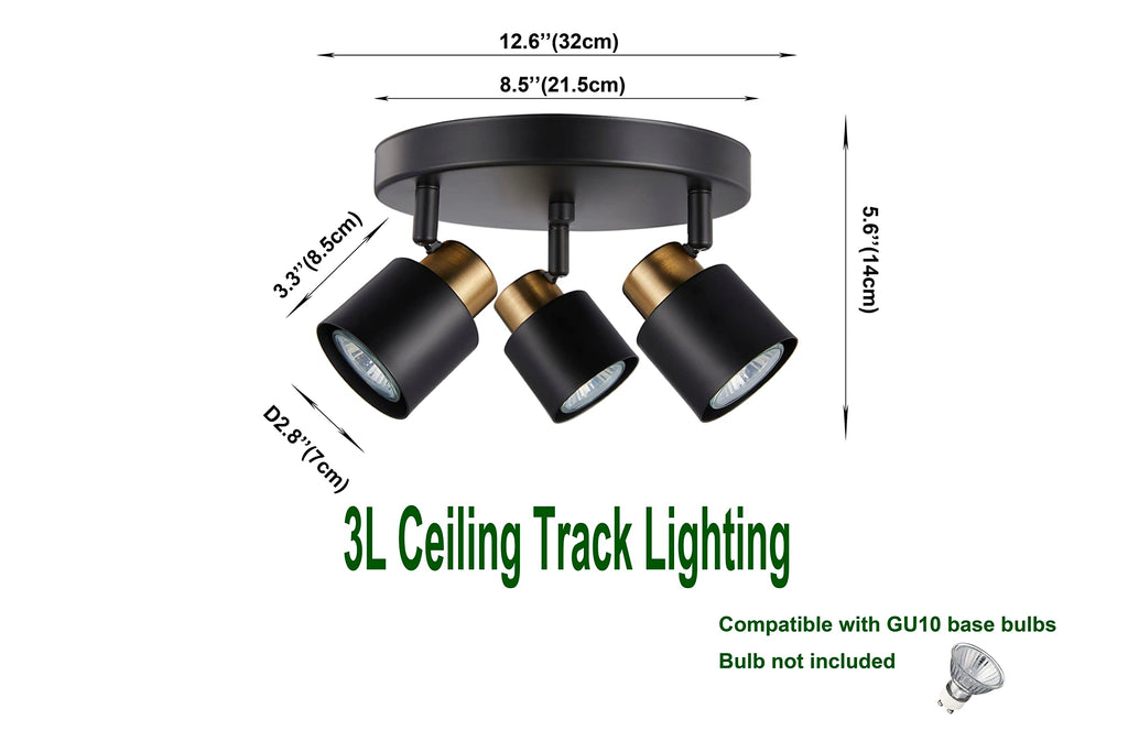 3 Light Track Lighting Kit, Matt Black Brass Finish Canopy with Moden Flush Mount Ceiling Spotlight,Dining,Living