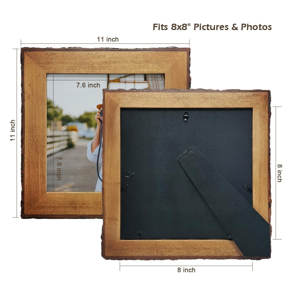 8x8 Picture Frames Wood, Rustic Bark Edge Frame, Solid Wood, Brown