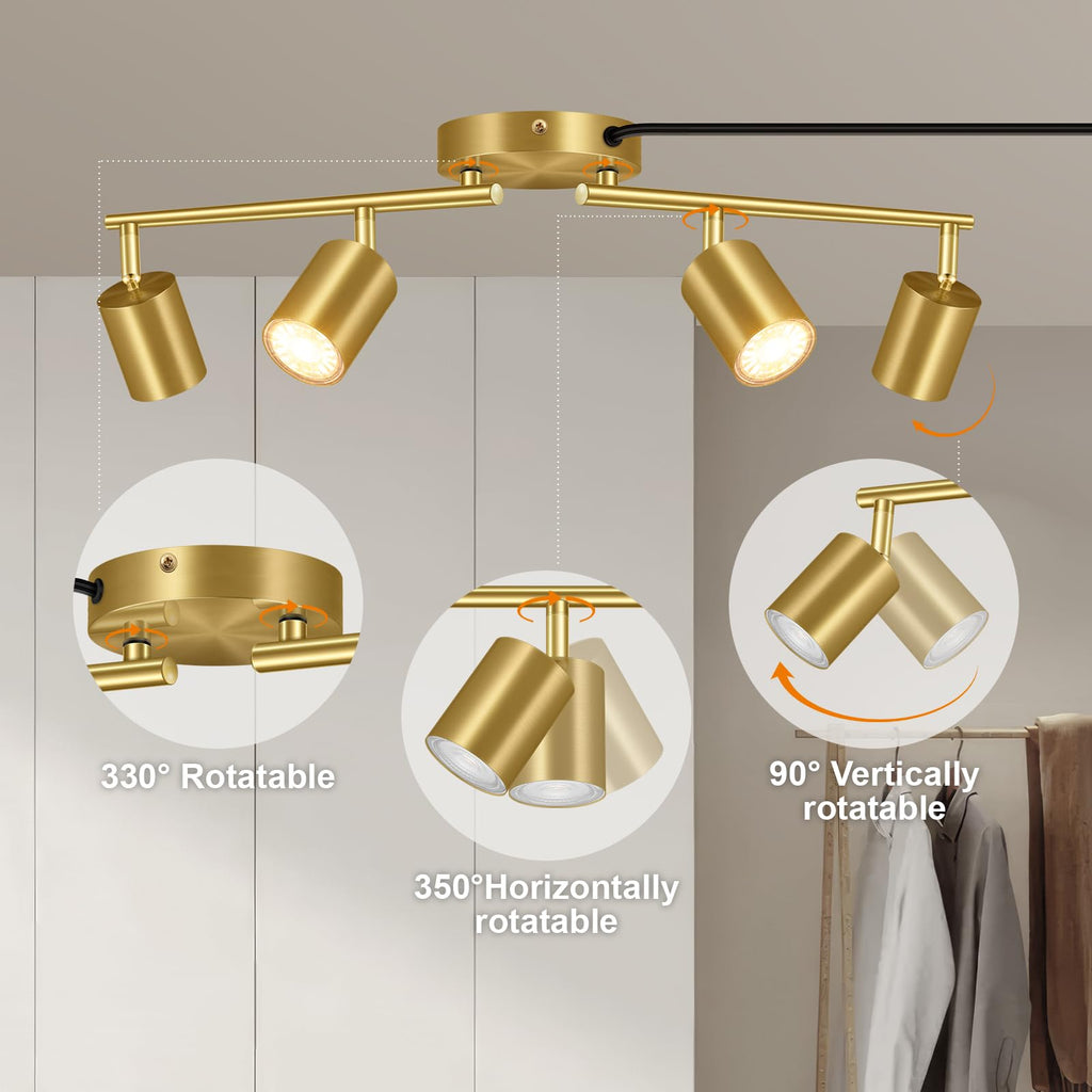 Track Lighting Plug in, LED Track Lighting Fixtures Ceiling Kit, Gold 4-Light Ceiling Light Plug-in, Wall Light