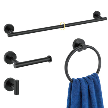 4 Pieces Bathroom Accessories Hardware Set, 24 inch Towel Bar, Towel Ring, Robe Hook, Toilet Paper Holder, Stainless