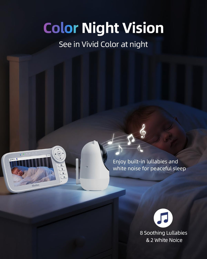 No WiFi Baby Monitor with Color Night Vision, 5" HD Display,1080P Pan Tilt Zoom Camera, Lullabies, Temperature