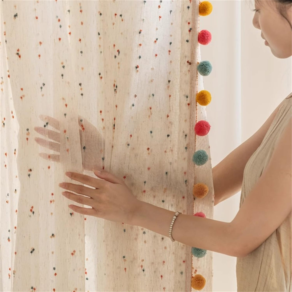 Boho Rainbow Sheer Curtain with Colorful Pom Pom Voile Drapes Faux Linen