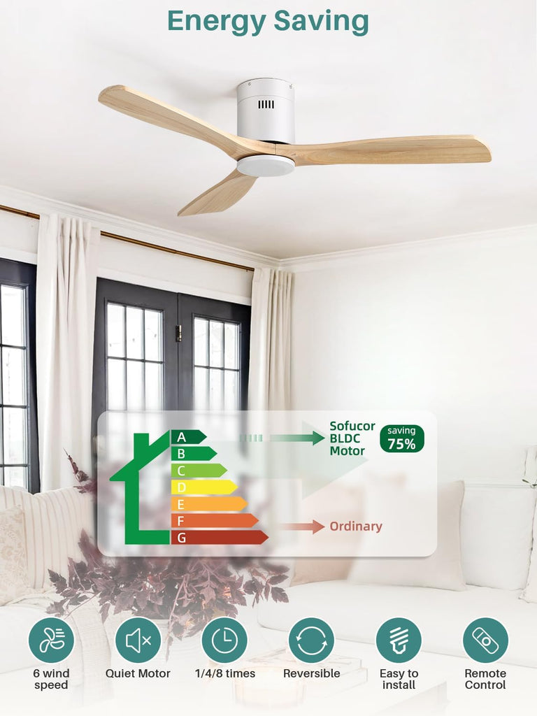 52 Inch Solid Wood Ceiling Fan Without Lights Flush Mount Ceiling Fans with Remote Control