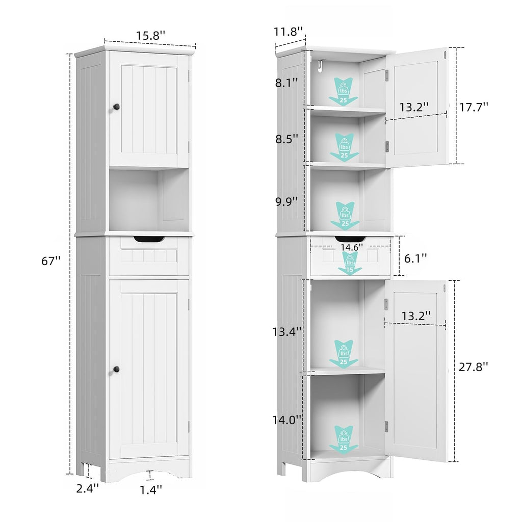 67" H Tall Bathroom Storage Cabinet with 2 Barn Doors - White