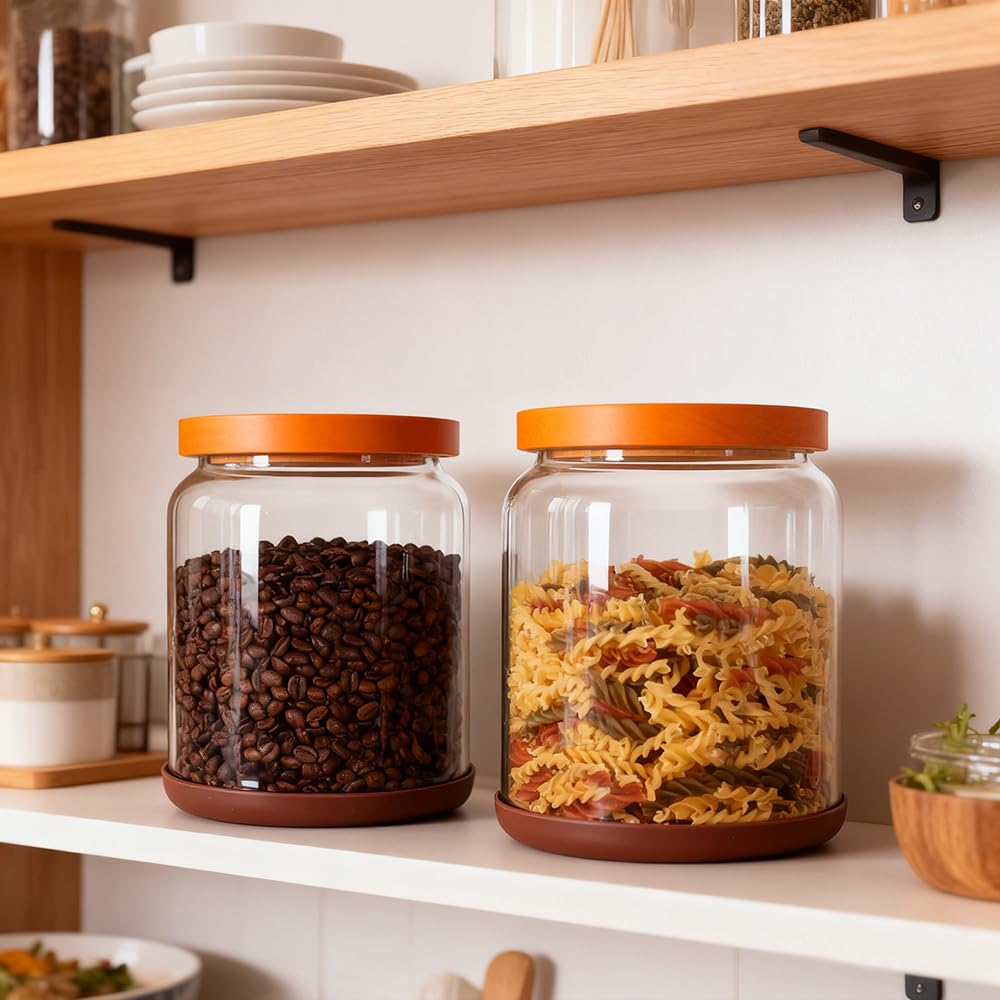 2-Pack Striped Borosilicate Glass Airtight Canisters - Big mouth Large Capacity, Acacia Wood Lid, Food Storage Jars