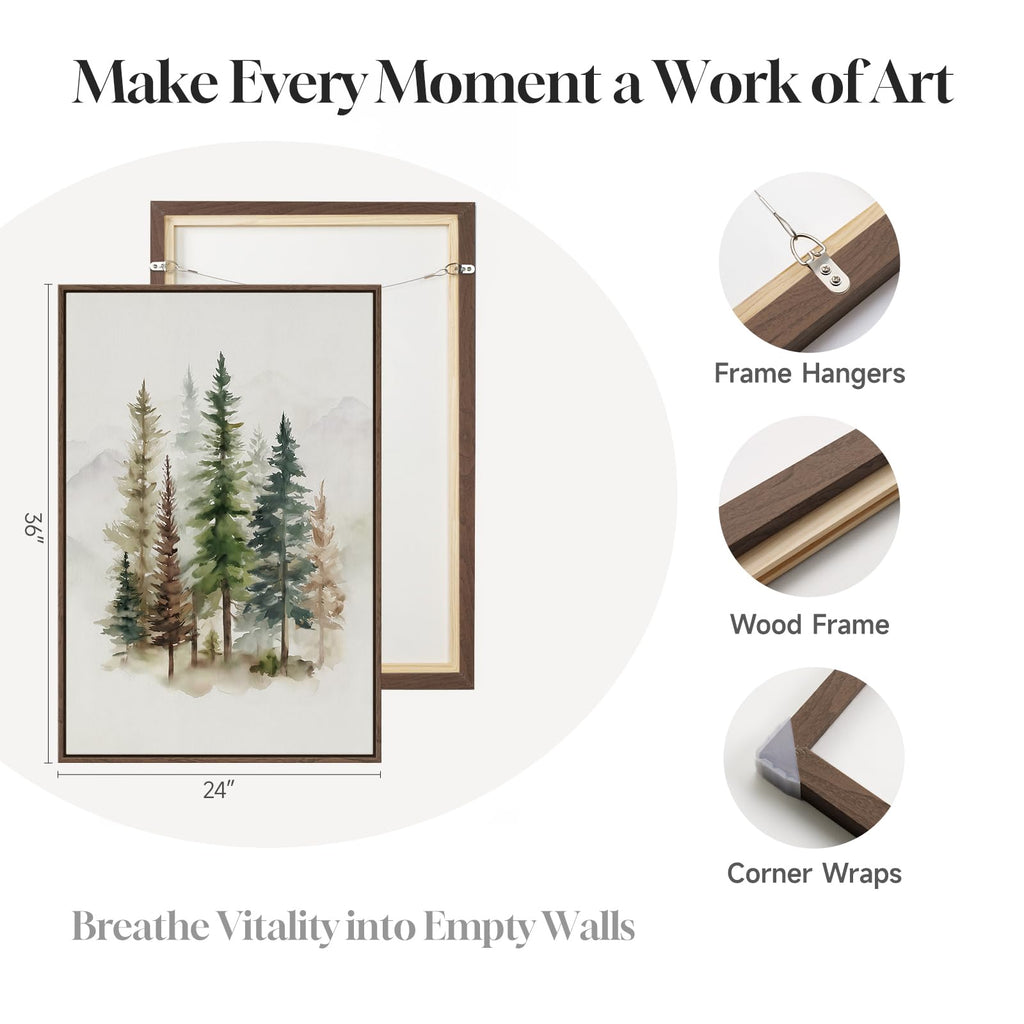 Framed Farmhouse Watercolor Pine Tree Forest Vertical Wall Art, 24x36 In