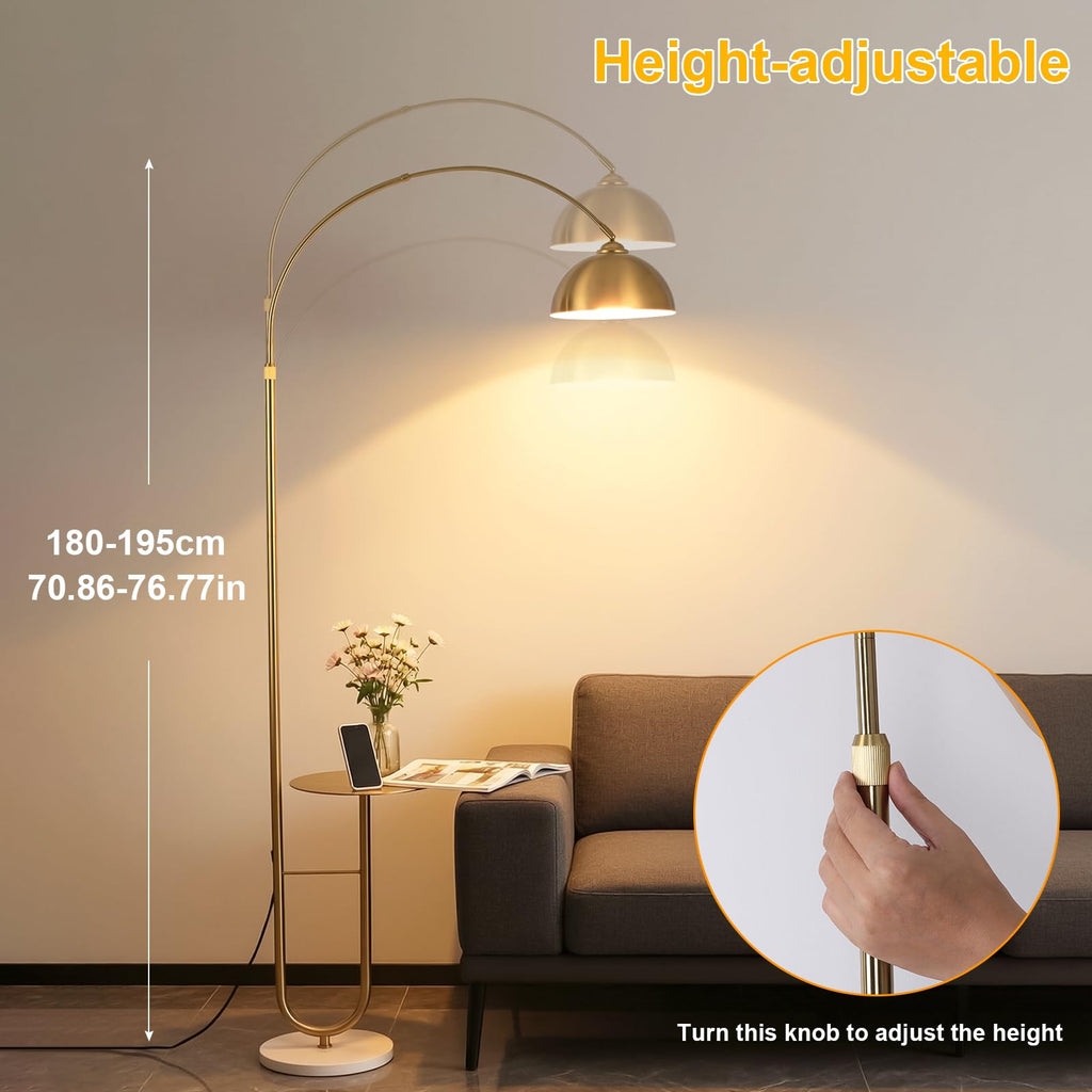 Gold Arc Floor Lamp with Table, Stepless Dimming & Remote, E26 Bulb Included