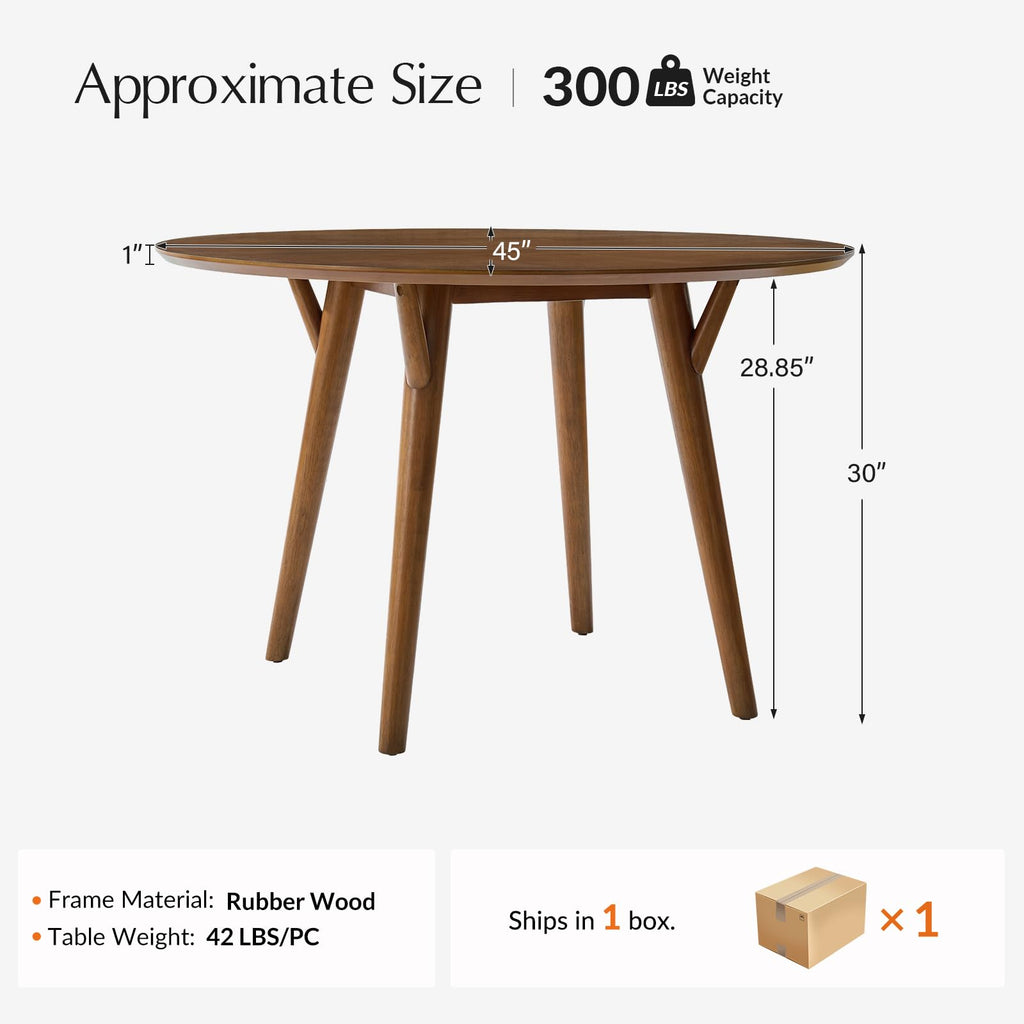 Round Dining Table for 4, 45" Solid Wood Kitchen Table, Small Dinner Coffee Writing Table Dining Room, Save Space